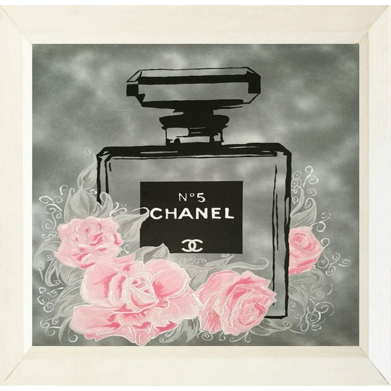 FRAMED Pink Roses Floral Chanel No. 5 By PopArtQueen 12x12 Art Painting  Print WHITE FRAME