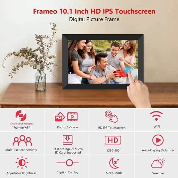 FRAMEO Digital Photo Frame 10.1 Inch WiFi Touch Screen 1280x800 HD IPS Display 32GB Storage Auto-Rotate Wall Mountable Easy Share Photos Videos via App Black