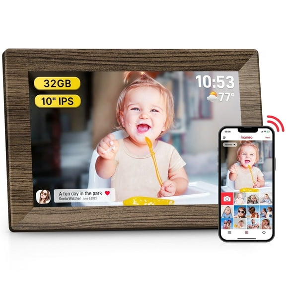 TEMASH frameo 10.1" Wood Grain WiFi Digital Photo Frame – 32GB Storage, IPS Touchscreen, Auto-Rotate, Wall Mount, Instant Sharing via frameo App