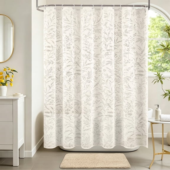 FRAMICS Vintage Lace Shower Curtain Sets with Rug and Hooks, Waterproof Fabric Semi Sheer Leaf Floral Bathroom Sets, Mold Resistant, Beige