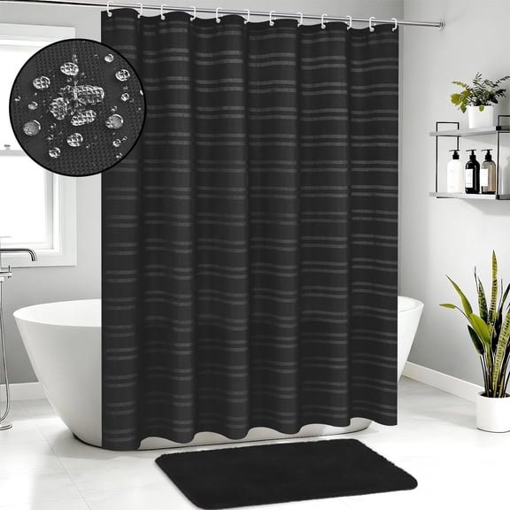 FRAMICS Heavy-Duty Waffle Weave Shower Curtain Sets with Rug, 14-Piece Striped Fabric Bathroom Sets with Hooks, Hotel Grade, Waterproof & Washable, Black, 71.3" x 71.3"