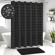 FRAMICS Heavy-Duty Waffle Weave Shower Curtain Sets with Rug, 14-Piece Striped Fabric Bathroom Sets with Hooks, Hotel Grade, Waterproof & Washable, Black, 71.3"