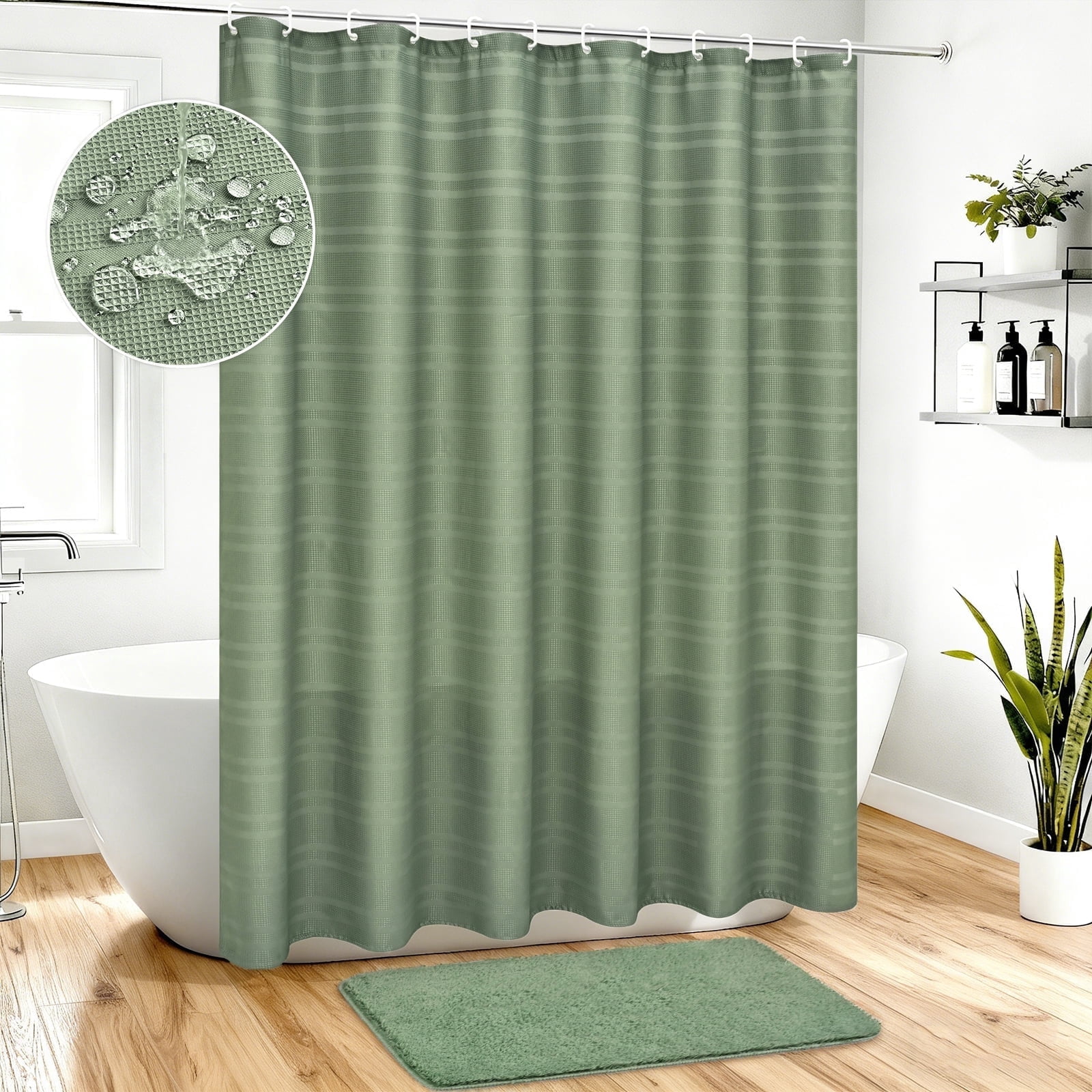 FRAMICS Waffle Weave Shower Curtain Sets with Rug, 14-Piece Striped Bathroom Sets with Hooks, Hotel Grade Heavy-Duty Waterproof Fabric, Sage Green, 71.3" x 71.3"