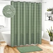 FRAMICS Waffle Weave Shower Curtain Sets with Rug, 14-Piece Striped Bathroom Sets with Hooks, Hotel Grade Heavy-Duty Waterproof Fabric, Sage Green, 71.3 x 71.3