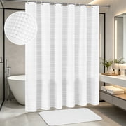 FRAMICS Waffle Shower Curtain Sets with Rug, 14-Piece Thick Weighted Fabric Bathroom Sets with Hooks, Wrinkle & Rust Resistant, Hotel Quality, 71.3" x 71.3" White