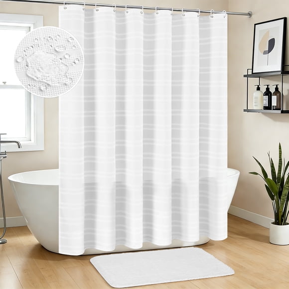 FRAMICS Waffle Weave Shower Curtain Sets with Rug, 14-Piece Striped Bathroom Sets with Hooks, Heavy-Duty Waterproof Fabric, Hotel Grade, White, 71.3" x 71.3"