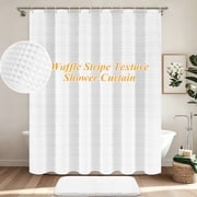 FRAMICS Heavy-Duty Waffle Shower Curtain Sets with Rug, 14-Piece Waterproof Fabric Bathroom Sets with Hooks, Hotel Quality, Machine Wash, 71.3" x 71.3" White