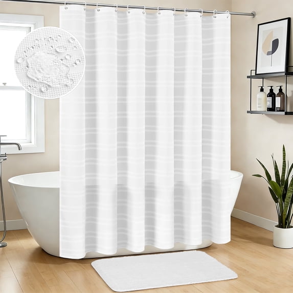 FRAMICS Waffle Weave Shower Curtain Sets with Rug, 14-Piece Striped Bathroom Sets with Hooks, Heavy-Duty Waterproof Fabric, Hotel Grade, White, 71.3" x 71.3"