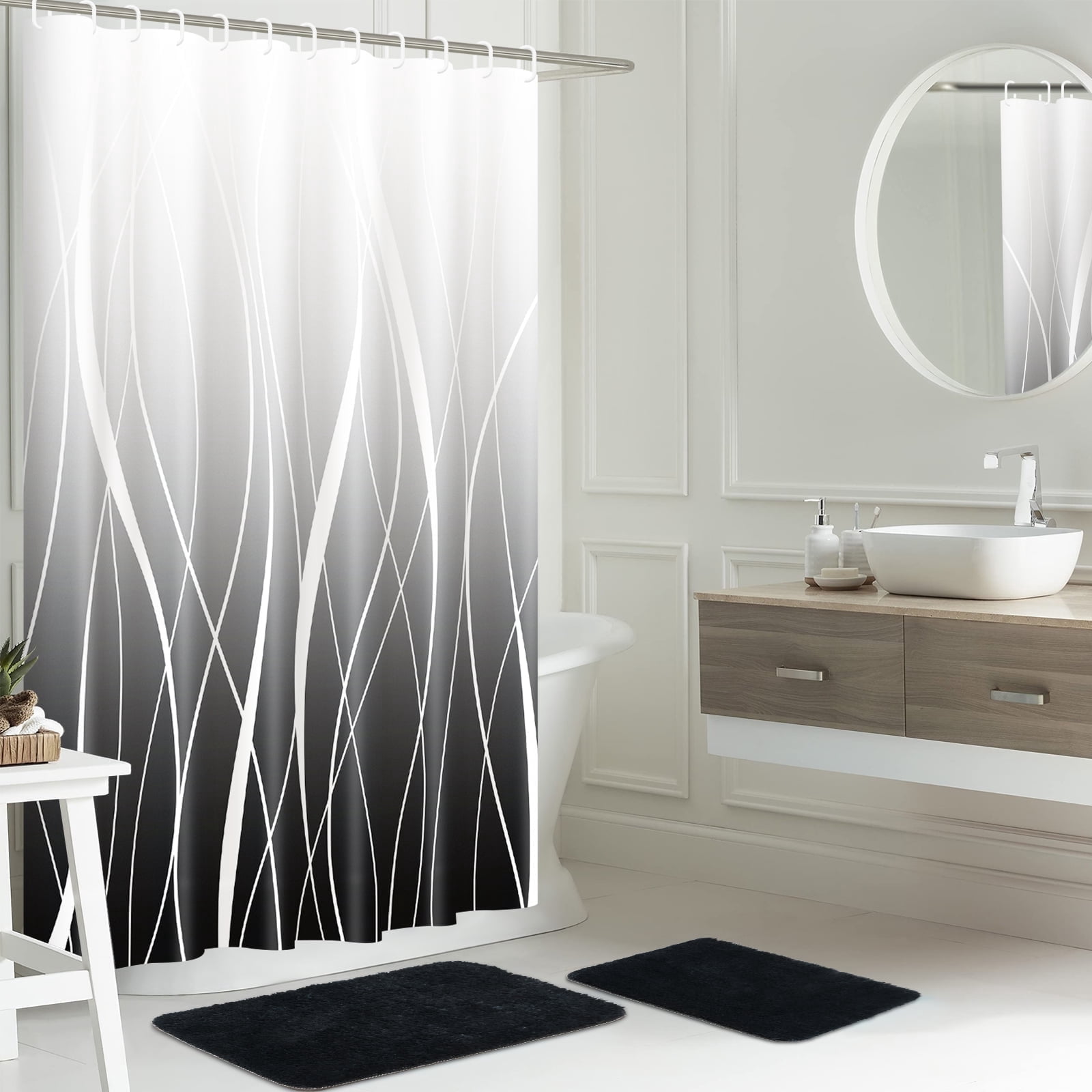 FRAMICS 15-Piece Ombre Black Shower Curtain Sets with Rugs, Waterproof Fabric Striped Gradient Bathroom Sets, 72" x 72"