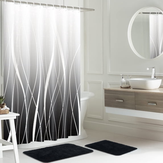 FRAMICS Ombre Black Shower Curtain Sets with Rugs, Waterproof Fabric Striped Gradient Bathroom Sets, 72" x 72"