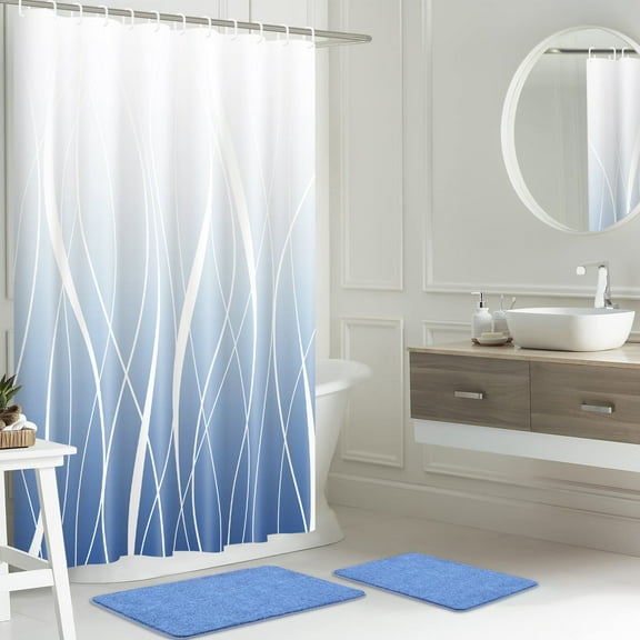 FRAMICS 15-Piece Ombre Blue Bathroom Sets with Shower Curtain and Rugs, Waterproof Fabric Striped Gradient Shower Curtain Sets, 72" x 72"