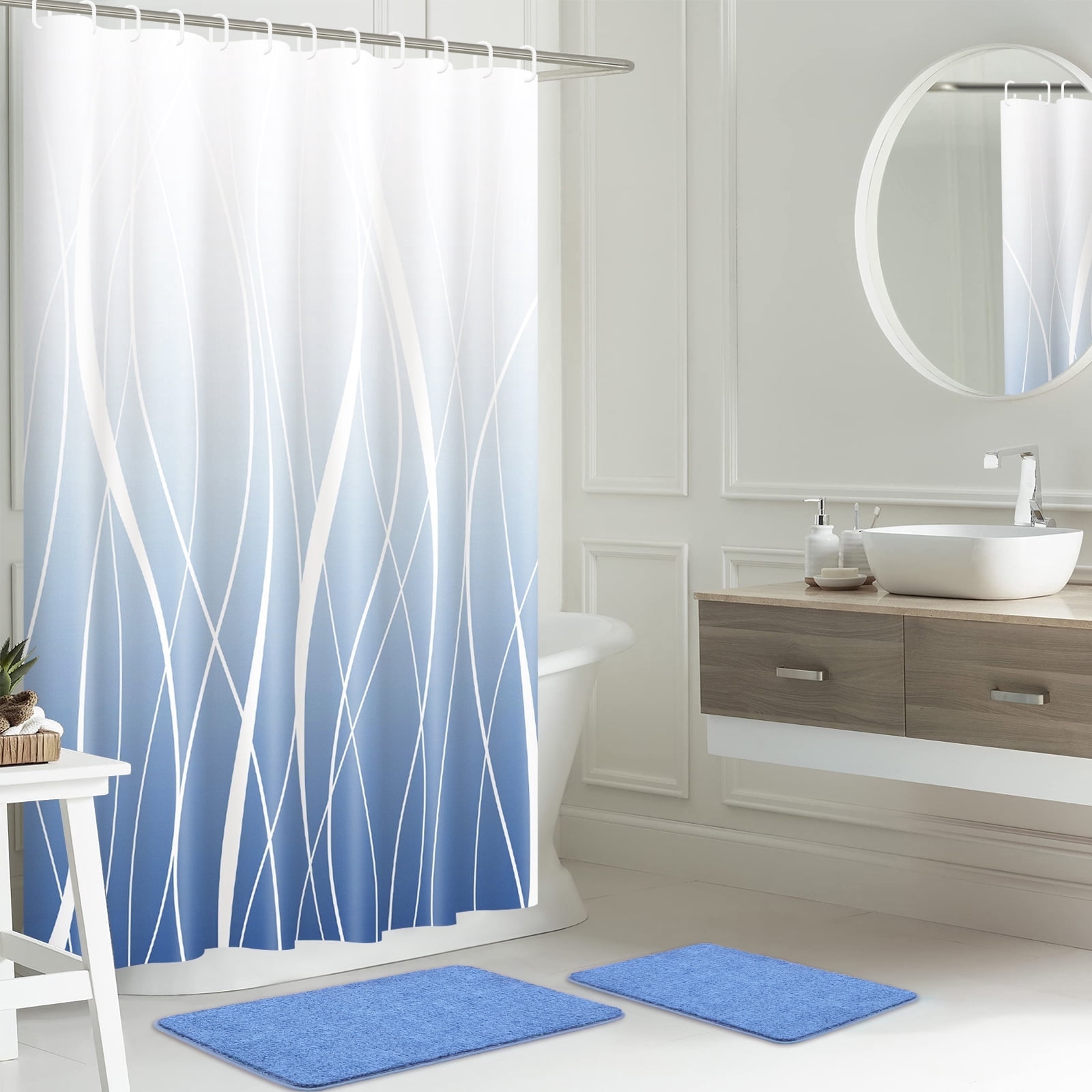 FRAMICS 15-Piece Ombre Blue Shower Curtain Sets with Rugs, Waterproof Fabric Striped Gradient Bathroom Sets, 72" x 72"