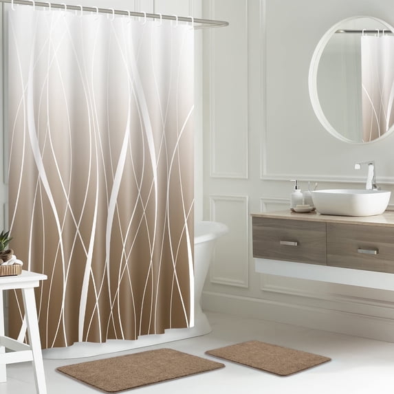 FRAMICS Ombre Brown Bathroom Sets with Shower Curtain and Rugs, Waterproof Fabric Striped Gradient Shower Curtain Sets, 72" x 72"