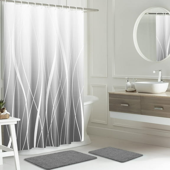 FRAMICS 15-Piece Ombre Gray Shower Curtain Sets with Rugs, Waterproof Fabric Striped Gradient Bathroom Sets, 72" x 72"