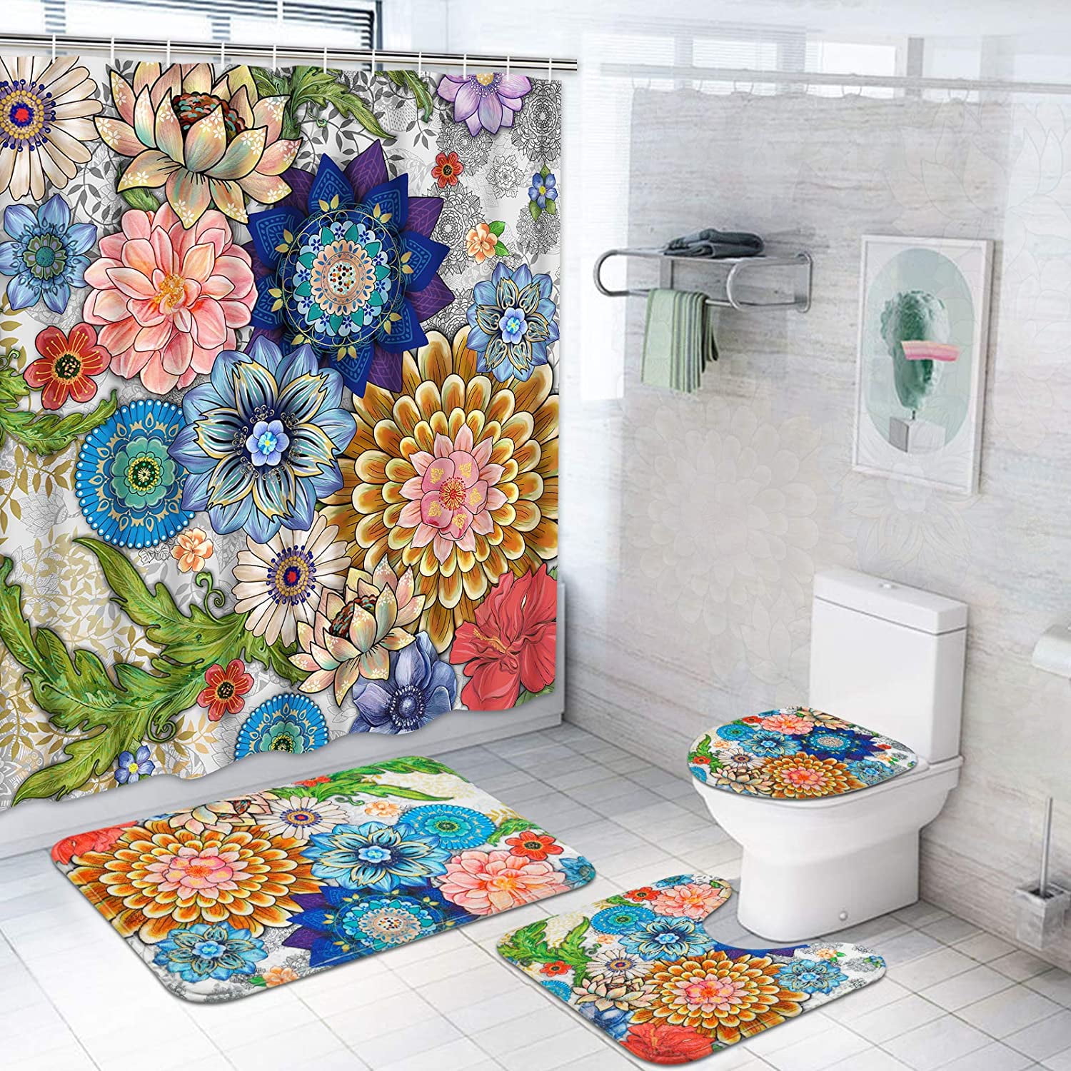 FRAMICS Boho Floral Shower Curtain Sets with Rugs, 16 Pcs Colorful Flower Bathroom Sets, Waterproof Fabric Bathroom Curtain Decor with Hooks