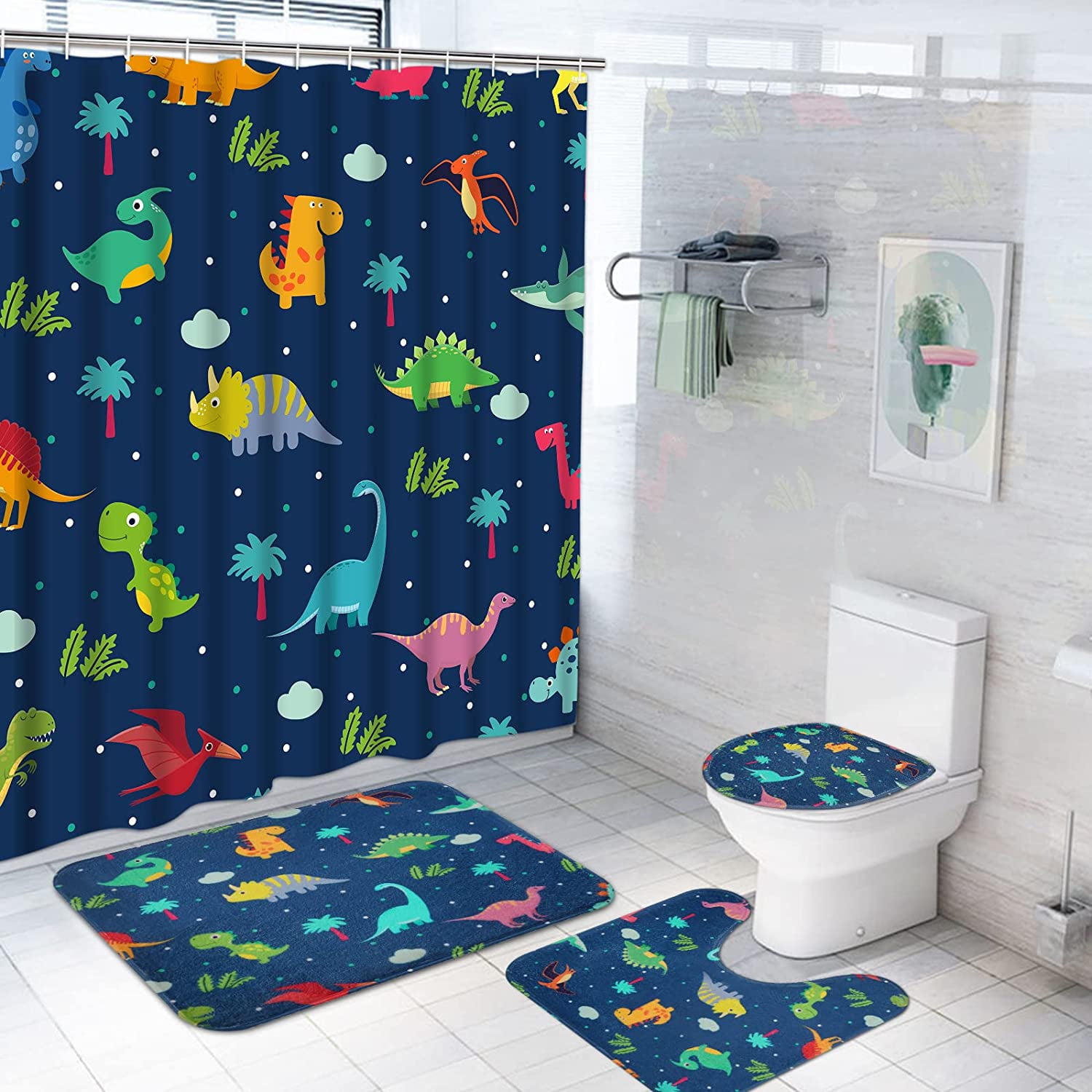 FRAMICS 16 Pc Kids Dino Bath Set, Cartoon Dinosaur Shower Curtain, Rug