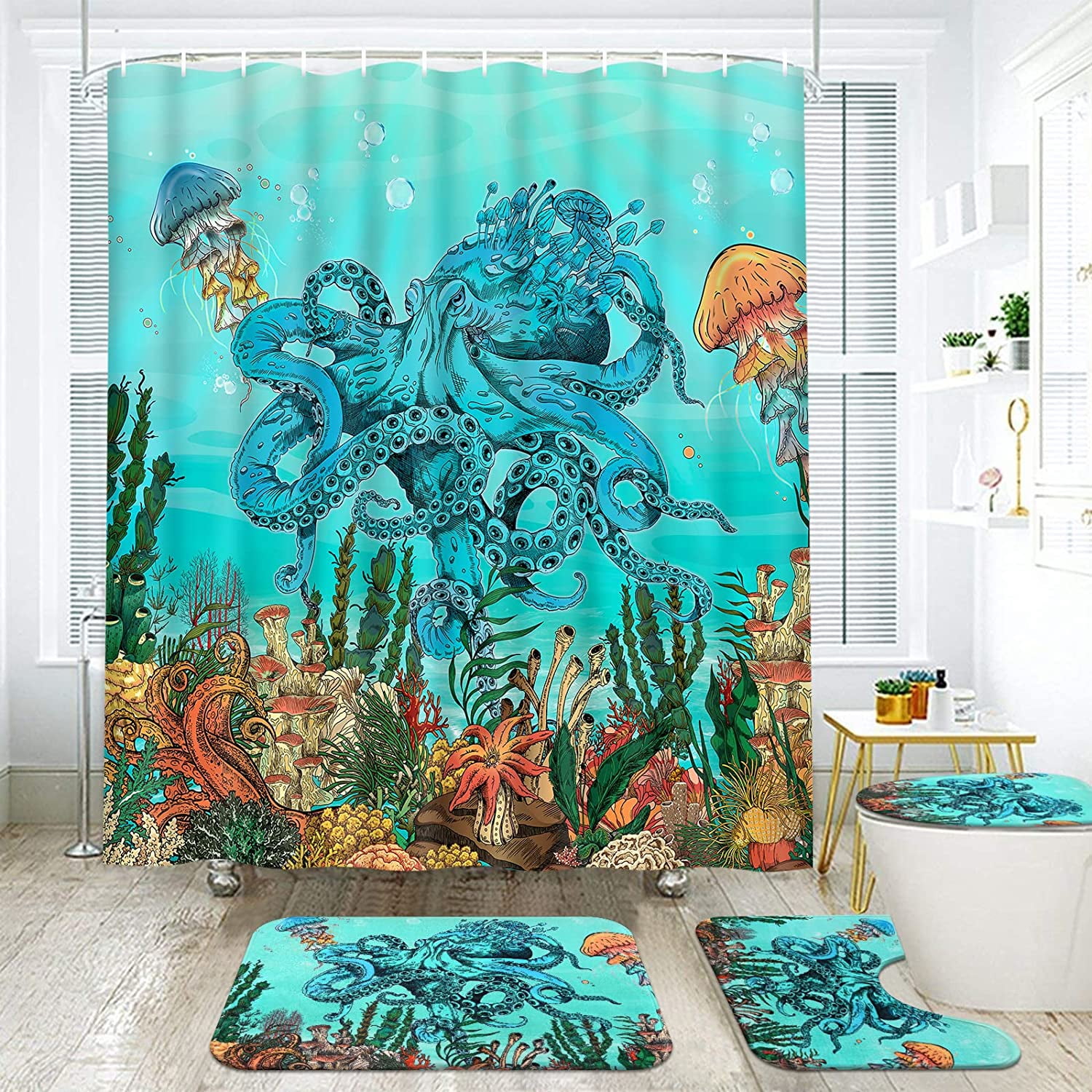 FRAMICS 16 Pc Ocean Nautical Shower Curtain Sets with Rugs, Blue