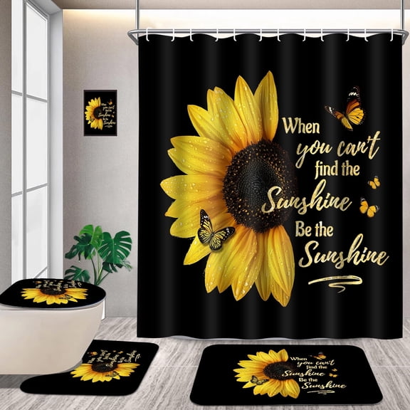FRAMICS 16 Pc Sunflower Butterfly Shower Curtain and Rug Sets, Flower Quotes Bathroom Sets, Black Waterproof Fabric Shower Curtain with 12 Hooks and Toilet Rugs