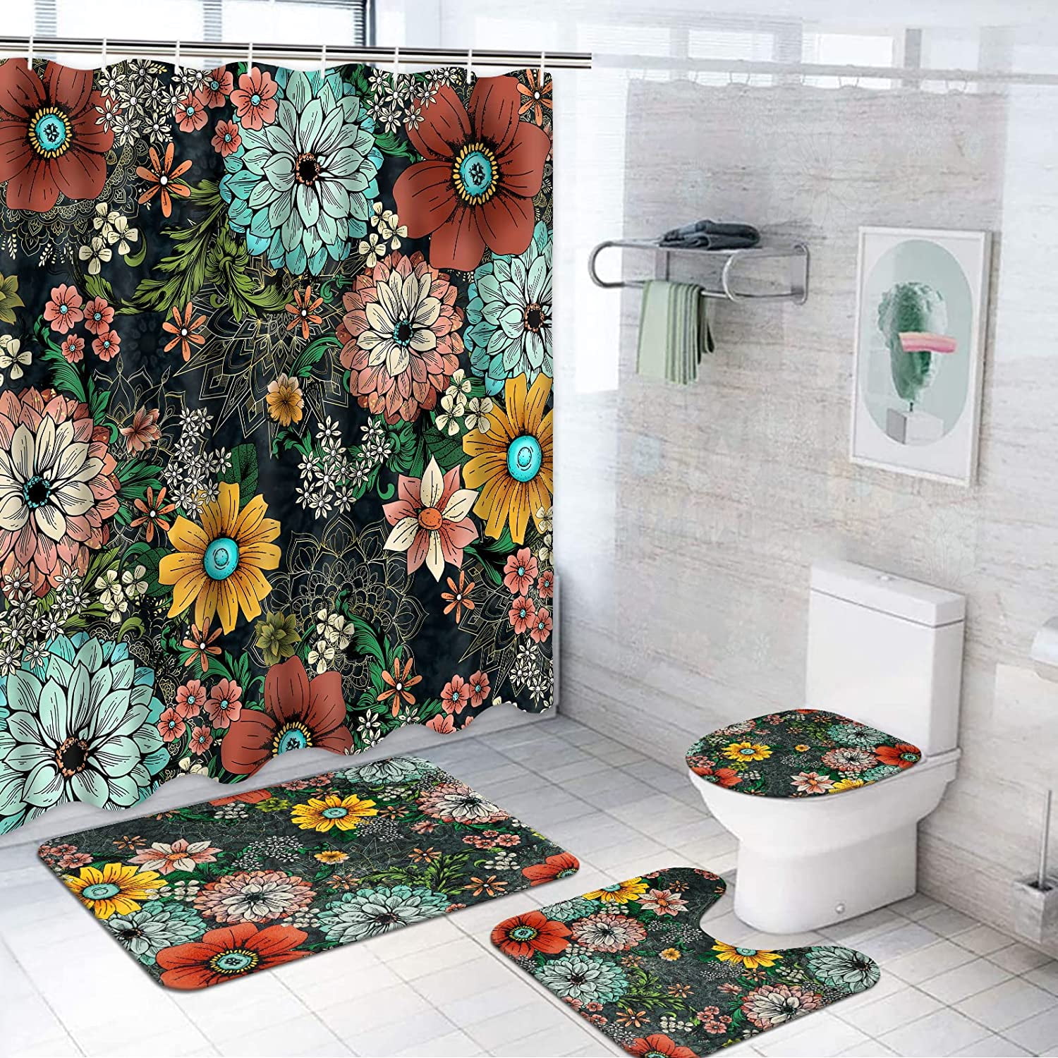 FRAMICS 16pc Bohemian Modern Bath Set, Waterproof Paisley Floral Shower ...