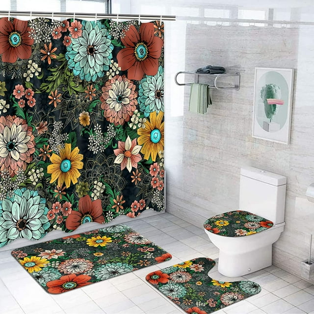 FRAMICS 16pc Bohemian Modern Bath Set, Waterproof Paisley Floral Shower