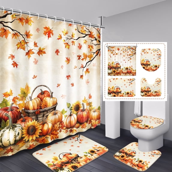 FRAMICS 16-Piece Fall Harvest Thanksgiving Shower Curtain Sets with Rugs, Maple Leaves Pumpkin Bathroom Sets, Waterproof Fabric Bathroom Curtain Decor with Hooks