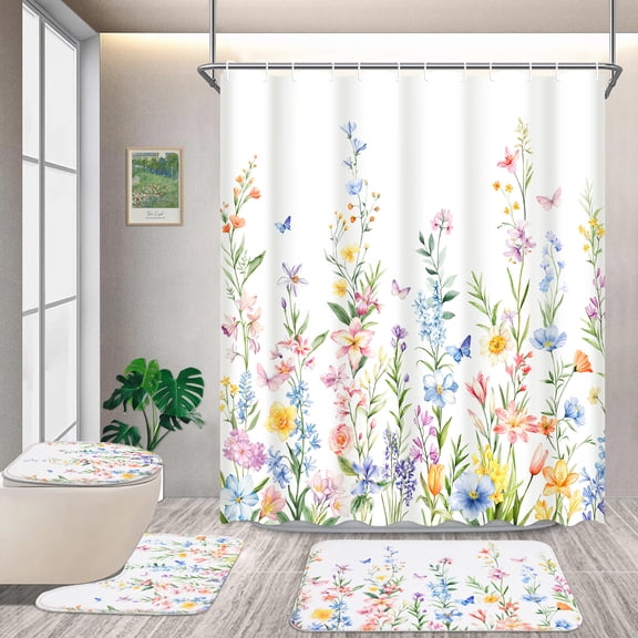 FRAMICS 16-Piece Floral Shower Curtain Sets with Rugs, Watercolor Wildflower Bathroom Sets with Hooks, Waterproof Fabric Bathroom Curtain, Machine Washable