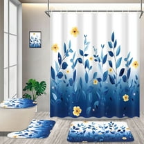 FRAMICS 16-Piece Ombre Floral Shower Curtain Sets with Rugs, Blue Eucalyptus Leaves Bathroom Sets, Waterproof Fabric Bathroom Curtain Decor with Hooks