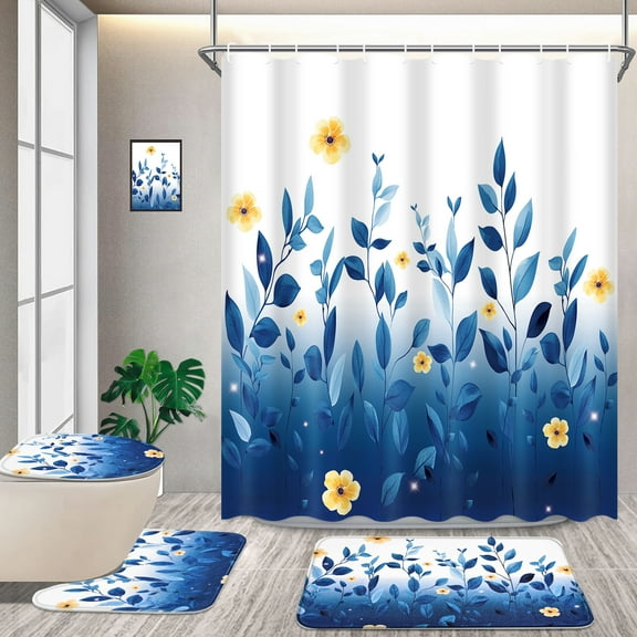 FRAMICS 16-Piece Ombre Floral Shower Curtain Sets with Rugs, Blue Eucalyptus Leaves Bathroom Sets, Waterproof Fabric Bathroom Curtain Decor with Hooks