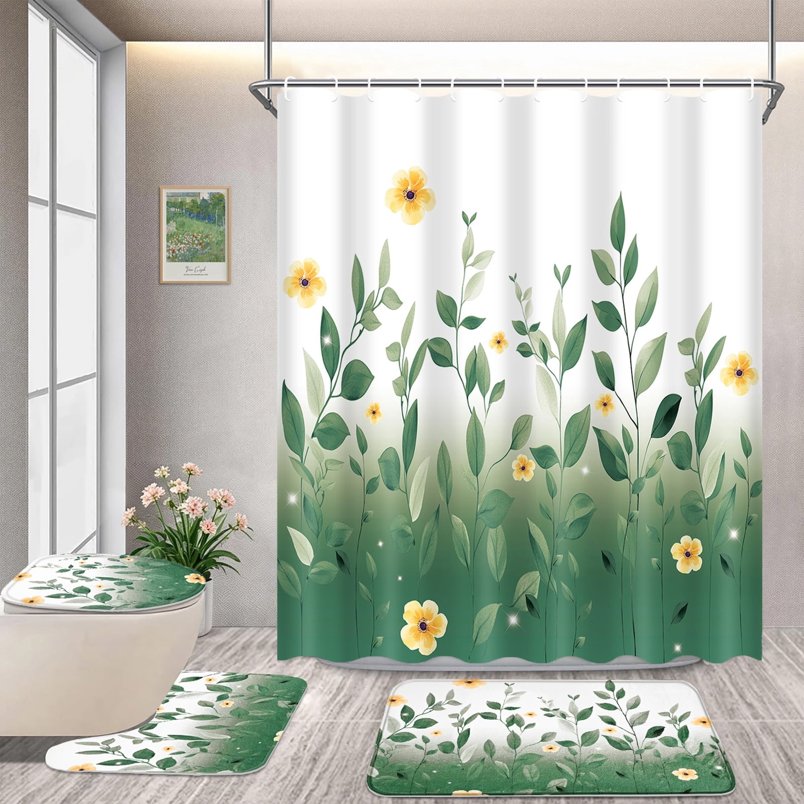 FRAMICS 16-Piece Ombre Floral Shower Curtain Sets with Rugs, Sage Green Eucalyptus Leaves Bathroom Sets, Waterproof Fabric Bathroom Curtain Decor with Hooks