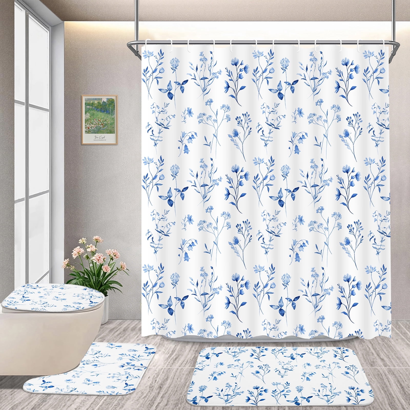 FRAMICS 16-Piece Watercolor Floral Shower Curtain Sets with Rugs, Blue Botanical Bathroom Sets, Waterproof Fabric Bathroom Curtain Decor with Hooks