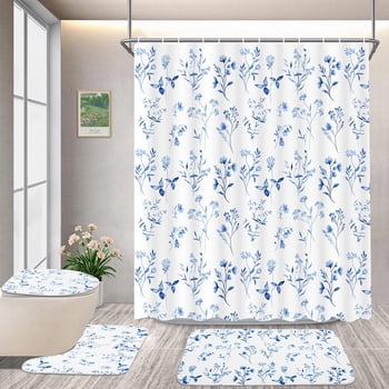 FRAMICS 16-Piece Watercolor Floral Shower Curtain Sets with Rugs, Blue Botanical Bathroom Sets, Waterproof Fabric Bathroom Curtain Decor with Hooks