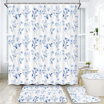 FRAMICS 16-Piece Watercolor Floral Shower Curtain Sets with Rugs, Blue Botanical Bathroom Sets, Waterproof Fabric Bathroom Curtain Decor with Hooks
