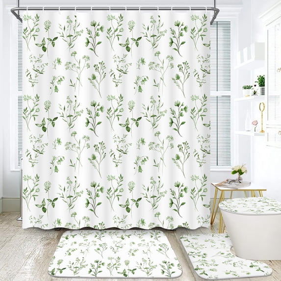 FRAMICS 16-Piece Watercolor Floral Shower Curtain Sets with Rugs, Sage Green Botanical Bathroom Sets, Waterproof Fabric Bathroom Curtain Decor with Hooks