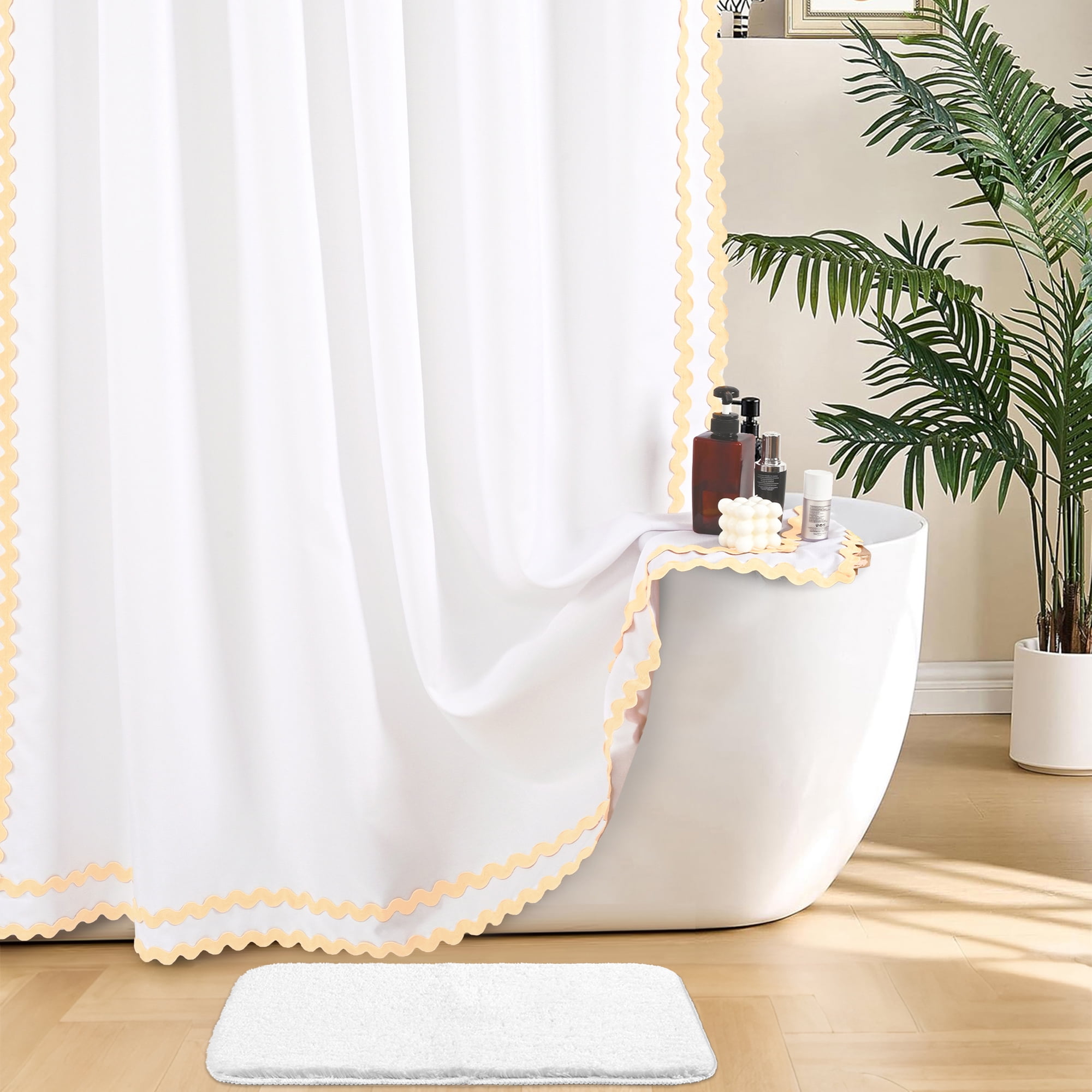 FRAMICS Beige Scalloped Shower Curtain Sets with Rug, 14 Piece Fabric Bathroom Sets with Hooks, Heavy-Duty & Waterproof, 72" x 72"