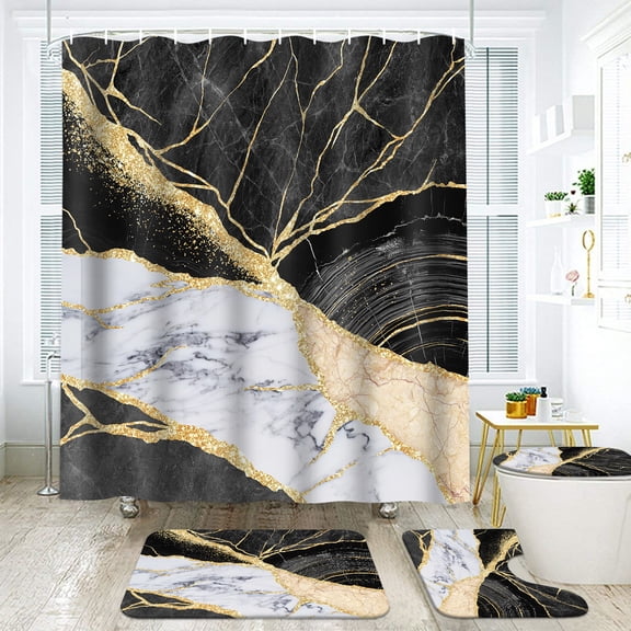 FRAMICS Black Gold Marble Shower Curtain Sets with Rugs, 16 Pc Modern Abstract Bathroom Sets, Waterproof Fabric Bathroom Curtain Decor with Hooks