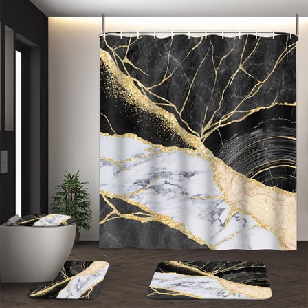 FRAMICS Black Gold Marble Shower Curtain Sets with Rugs, 16 Pc Modern Abstract Bathroom Sets, Waterproof Fabric Bathroom Curtain Decor with Hooks