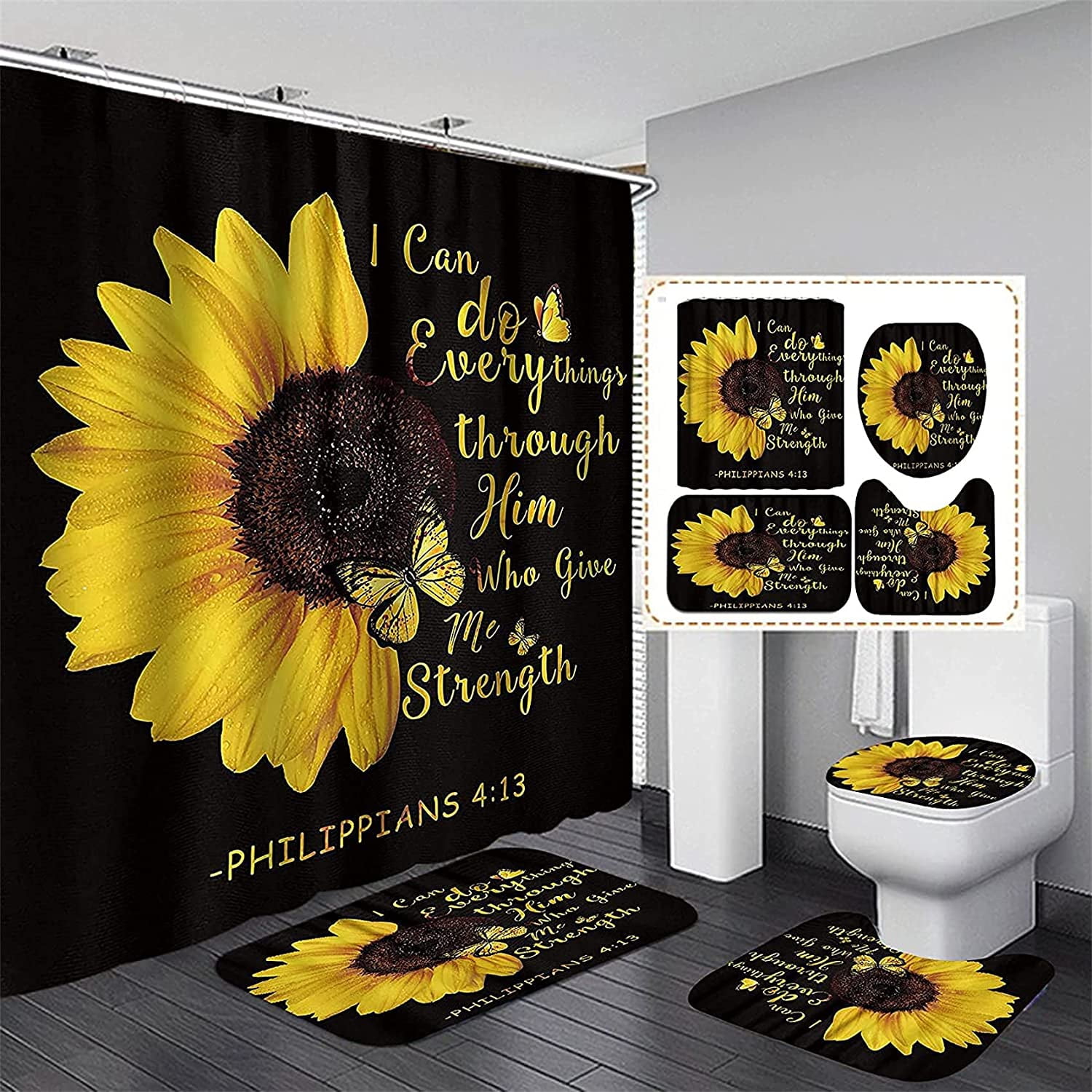 FRAMICS Black Shower Curtain and Rug Sets, Yellow Sunflower Butterfly ...