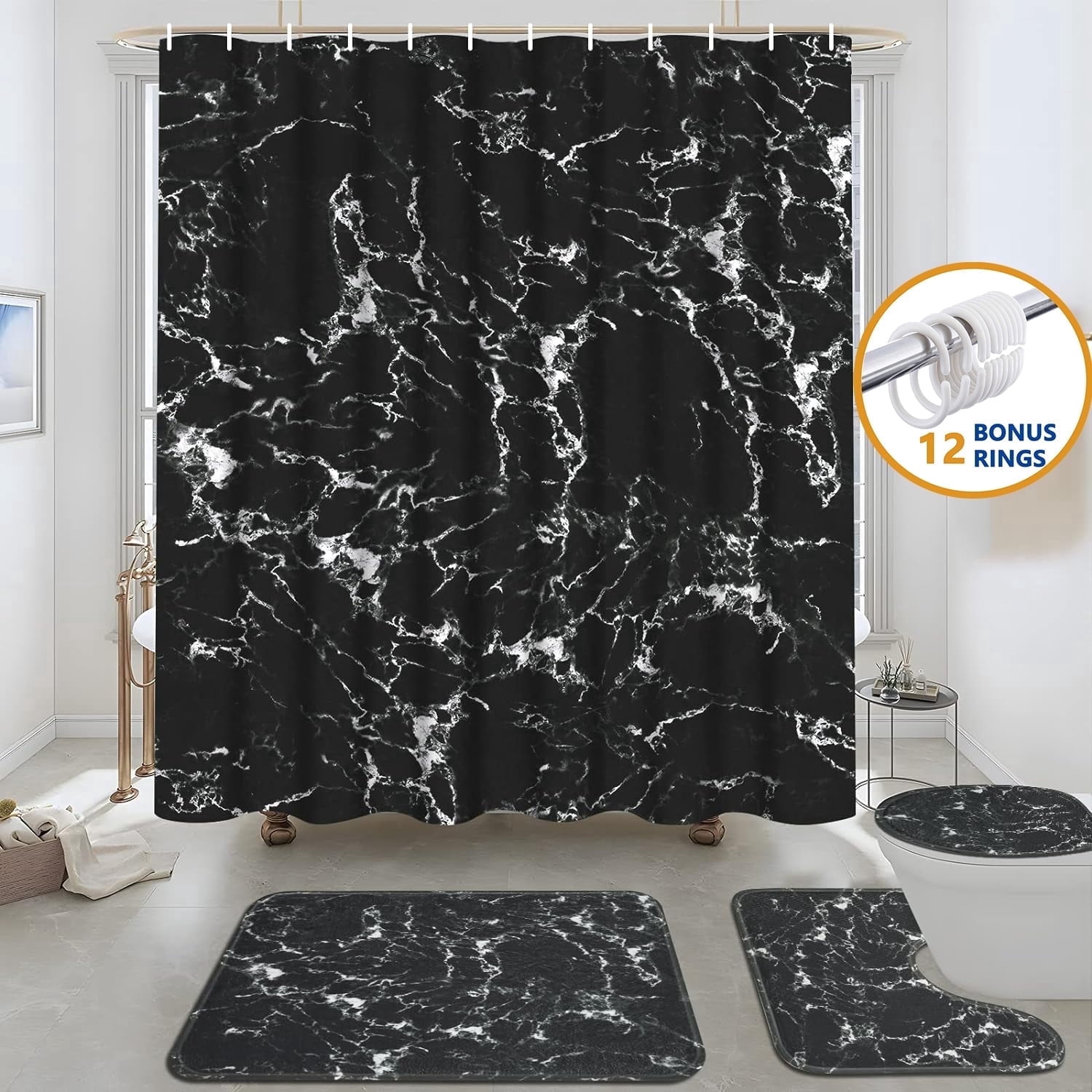 FRAMICS 16-Piece Black Marble Shower Curtain Sets with Rugs, Modern Abstract Bathroom Sets, Waterproof Fabric Bathroom Curtain Decor with Hooks