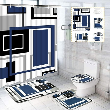 FRAMICS Blue Black Geometric Shower Curtain Sets with Rugs, 16 Pc Modern Abstract Bathroom Sets, Waterproof Fabric Shower Curtain with 12 Hooks and Toilet Rugs