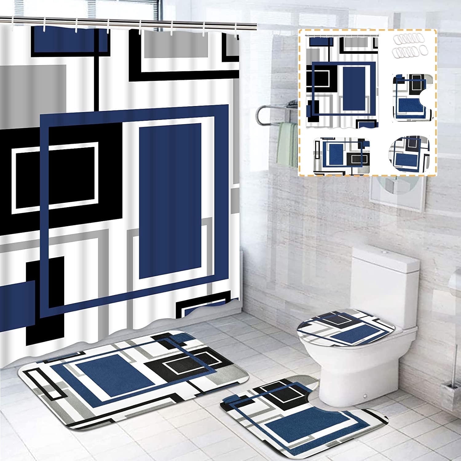 FRAMICS Blue Black Geometric Shower Curtain Sets with Rugs, 16 Pc Modern Abstract Bathroom Sets, Waterproof Fabric Shower Curtain with 12 Hooks and Toilet Rugs