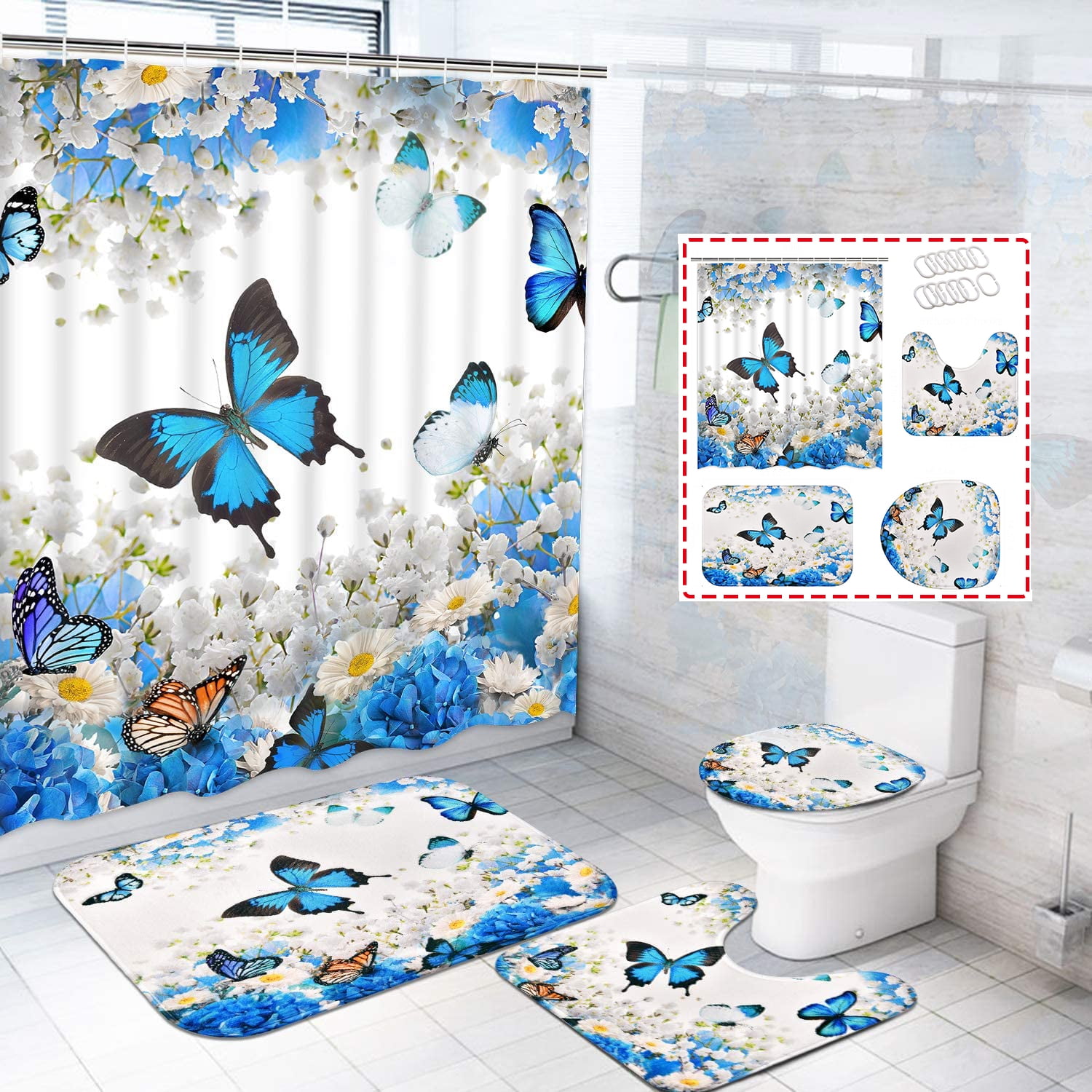 1pc Bathroom Rugs Shower Curtain, Leopard Butterfly & Turquoise