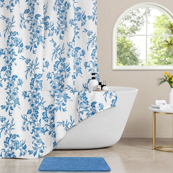 FRAMICS Blue Floral Shower Curtain Sets with Rug and Hooks, 14-Piece Heavy Duty Fabric Cottagecore Bathroom Sets, Waterproof and Mildew-Resistant