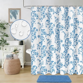 FRAMICS Slub Textured Fabric Shower Curtain Sets with Rug, 14 Piece Floral Cottagecore Spring Bathroom Sets with Hooks, Heavy-Duty & Waterproof, Blue, 72" x 72"