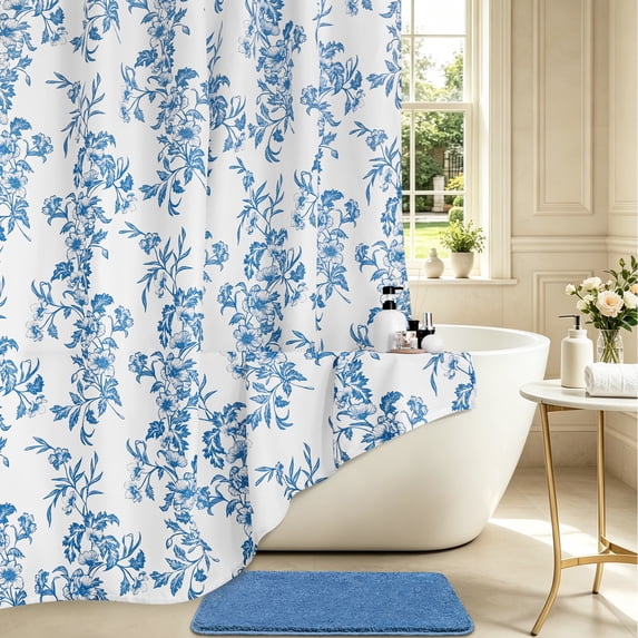 FRAMICS Blue Floral Shower Curtain Sets with Rug and Hooks, 14-Piece Heavy Duty Fabric Cottagecore Bathroom Sets, Waterproof and Mildew-Resistant