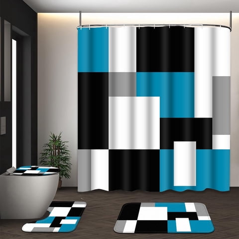 FRAMICS Blue Geometric Shower Curtain Sets with Rugs, 16 Pc Modern Abstract Checkered Bathroom Sets, Waterproof Fabric Bathroom Curtain Decor with Hooks