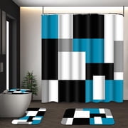 FRAMICS Blue Geometric Shower Curtain Sets with Rugs, 16 Pc Modern Abstract Checkered Bathroom Sets, Waterproof Fabric Bathroom Curtain Decor with Hooks