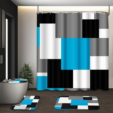 FRAMICS Blue Geometric Shower Curtain Sets with Rugs, 16 Pc Modern Abstract Checkered Bathroom Sets, Waterproof Fabric Bathroom Curtain Decor with Hooks