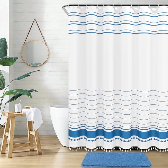 FRAMICS Tassel Shower Curtain Sets with Bath Rug, Boho Striped Farmhouse Bathroom Sets with Hooks, Heavy-Duty Fabric, Water-Repellent and Washable, 72" x 72", Blue