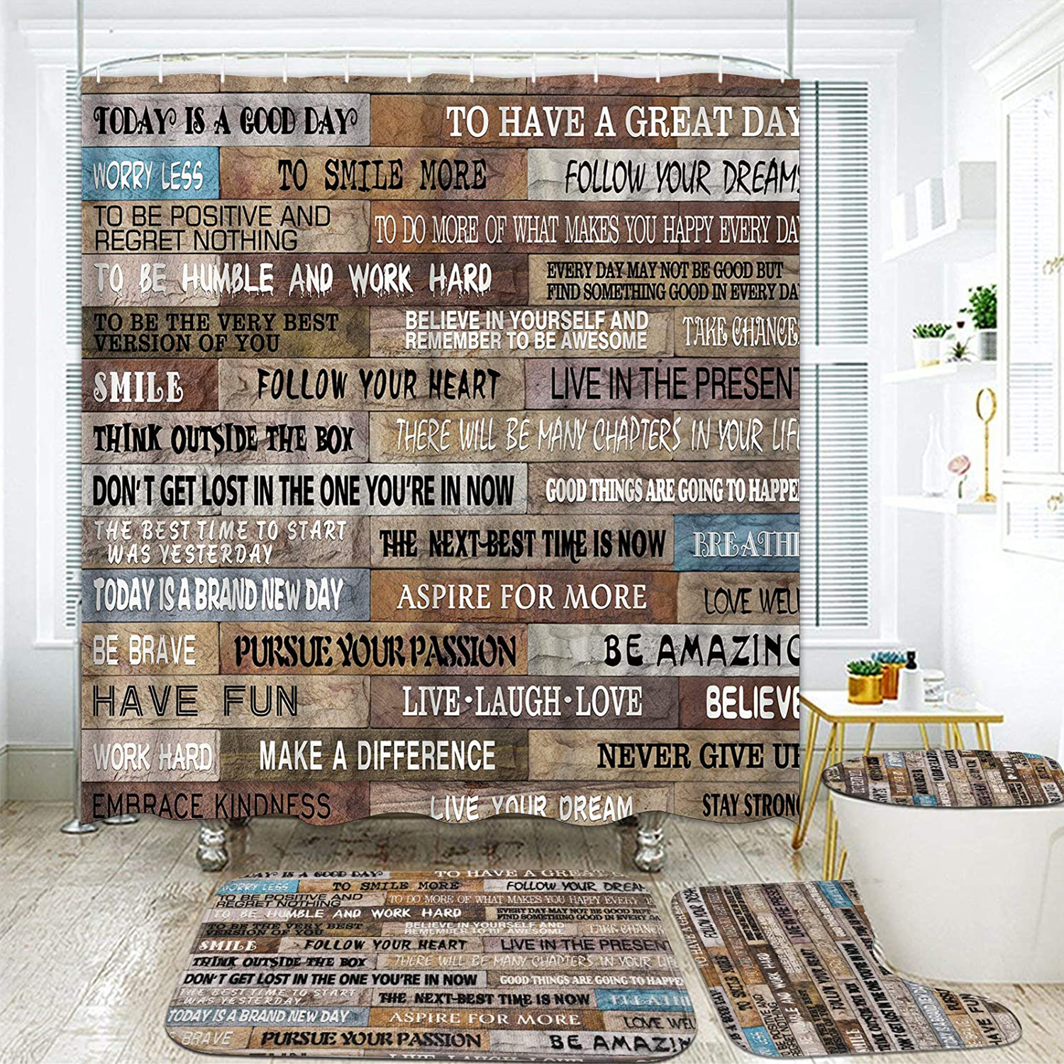 Inspirational Quotes Shower Curtain, Blue Butterfly White Cotton Flower