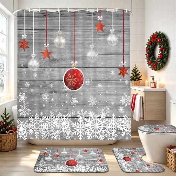 FRAMICS Christmas Shower Curtain Sets with Rugs, Xmas Snowflake Stars Bathroom Sets, Silver Gray Vintage Waterproof Fabric Shower Curtain with 12 Hooks and Toilet Rugs